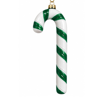 enfeite de Natal bengala verde e branco em vidro com capuz dourado