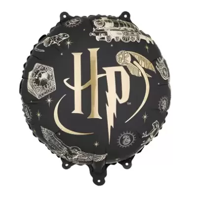 Balão preto redondo com tema Harry Potter e desenhos dourados e brancos