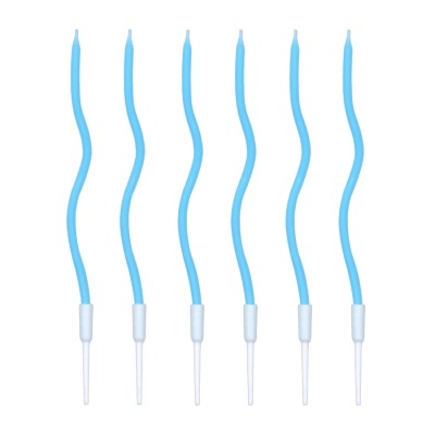 Seis velas azuis onduladas com base branca em fundo branco