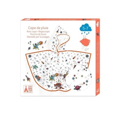 Capa de chuva infantil com padrão de desenhos espaciais e contorno laranja