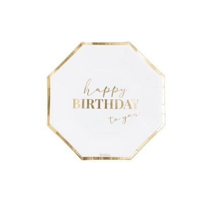 Prato de papel branco decorado com texto 'happy BIRTHDAY to you' e borda dourada