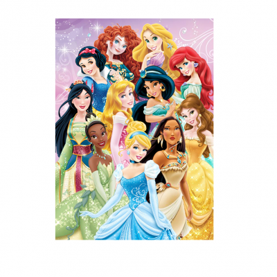 Ilustração colorida de princesas Disney com vestidos e fundo lilás brilhante