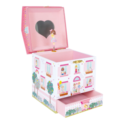 Caixa de música e jóias rosa com ilustrações e bailarina
