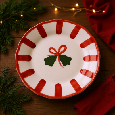 Prato natalício de cerâmica com padrão vermelho e verde