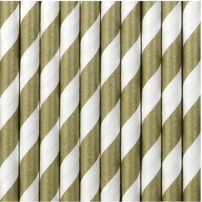 Palhinhas de papel brancas e douradas com riscas