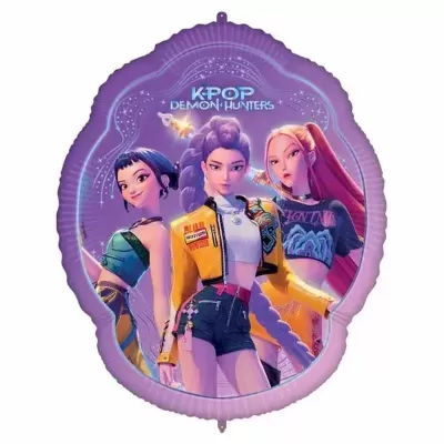 Balão metálico roxo com personagens femininas animadas e texto K-POP DEMON HUNTERS