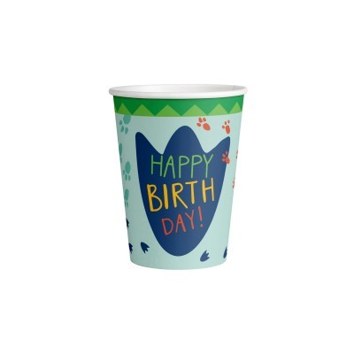 Copo de papel azul claro com texto Happy Birth Day e pegadas coloridas