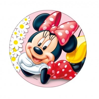 Estampa redonda da Minnie Mouse com margaridas no fundo