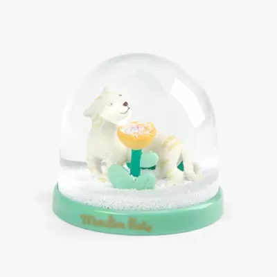 Globo de neve com tigre branco e flor amarela em base verde