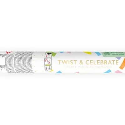 Tubo branco com confettis coloridos e texto TWIST & CELEBRATE CREATE MAGICAL MOMENTS