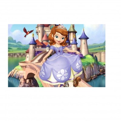 Personagem animada com vestido lilás e coroa numa ponte diante de um castelo
