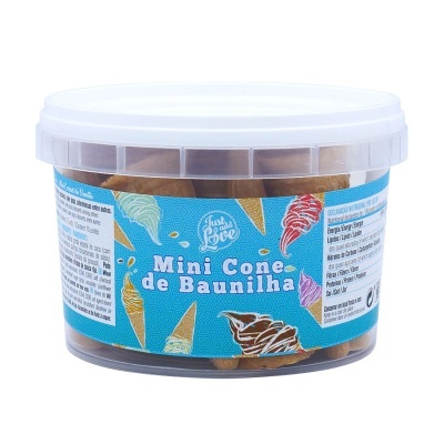 Embalagem de mini cones de baunilha com rótulo azul e tampa branca