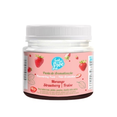 Frasco de pasta de aromatização sabor morango com rótulo cor-de-rosa e maçapão branco