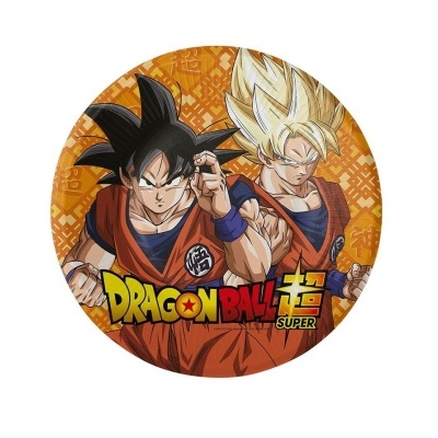 Ilustração redonda de Dragon Ball Super com Goku em formas preta e loira
