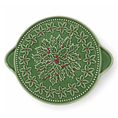 Prato verde com relevo de folhas de azevinho e bagas vermelhas.