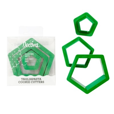 Conjunto de cortadores de biscoitos pentagonais verdes da marca Decora com embalagem transparente