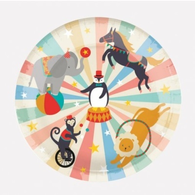 Prato de papel com desenho de circo colorido e animais em várias posições