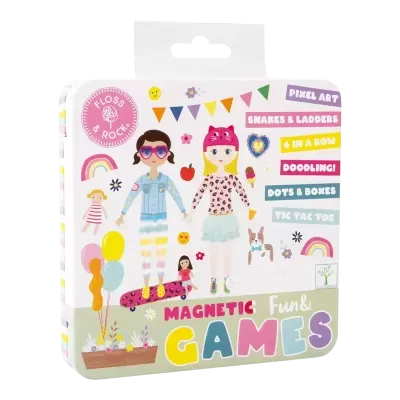 Caixa metálica de jogos magnéticos coloridos com ilustrações infantis