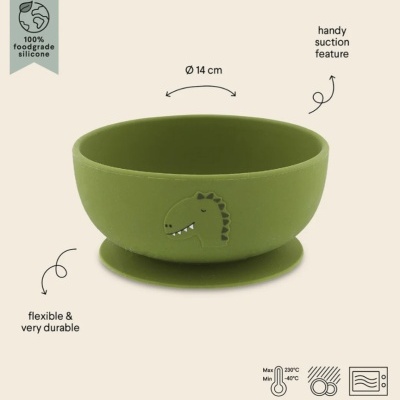 Tigela verde de silicone com desenho de dinossauro e ventosa na base