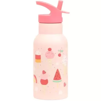 Garrafa de água rosa com tampa cor-de-rosa e ilustrações coloridas de gelados e frutos