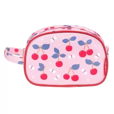 Bolsa de mão rosada com padrão de cerejas e borboletas.