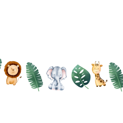 Guirlanda com animais de desenho e folhas verdes