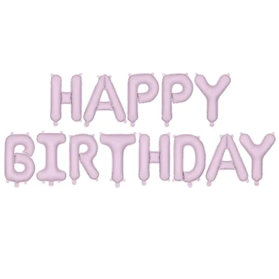 Balões metalizados rosa a formar as palavras HAPPY BIRTHDAY