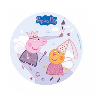 Ilustração redonda das personagens de Peppa Pig vestidas de fadas sobre fundo azul com estrelas