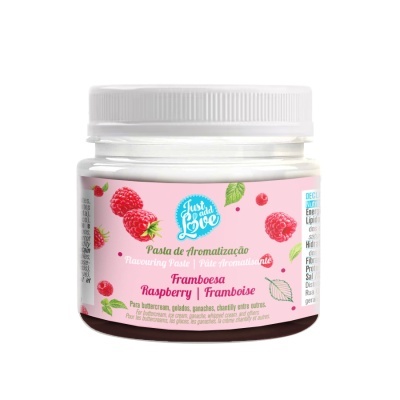 Frasco de pasta de aromatização de framboesa com etiqueta rosa e framboesas ilustradas