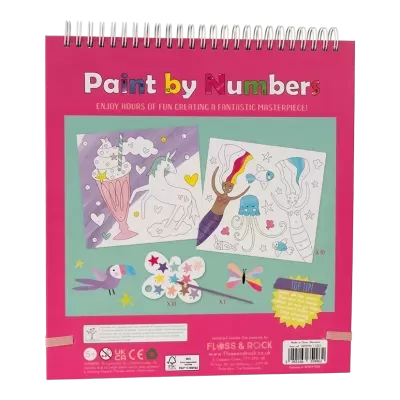 Livro de actividades Paint by Numbers com capa rosa e ilustrações coloridas