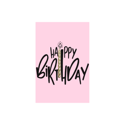 Cartão rosa com texto 'HAPPY BIRTHDAY' e vela dourada ilustrada