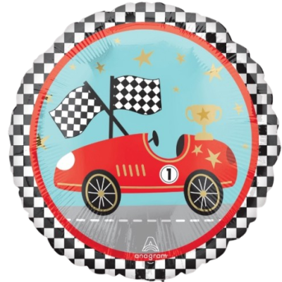 Balão com desenho de carro de corrida vermelho e bandeiras quadriculadas
