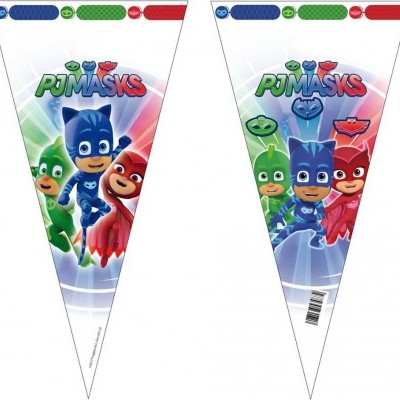 Bandeirolas triangulares com personagens PJ Masks coloridos
