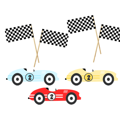 Três carros de corrida coloridos e quatro bandeiras quadriculadas