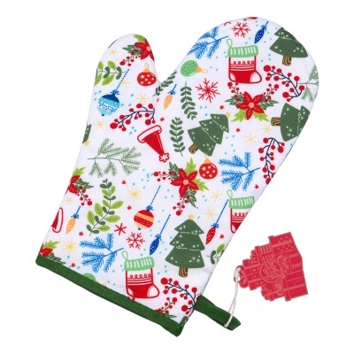 Luvas de forno natalícias coloridas com padrão festivo e borda verde