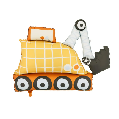 Balão em forma de escavadora amarela com padrão xadrez branco