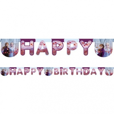 Bandeirola decorativa Frozen com frase HAPPY BIRTHDAY em tons roxo, azul e rosa