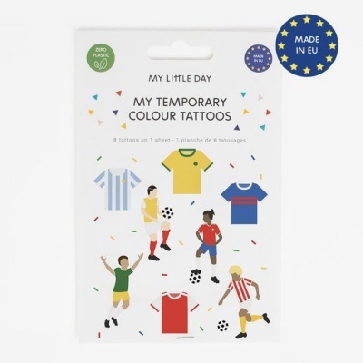 Pacote de tatuagens temporárias com tema de futebol, jogadores e camisas coloridas