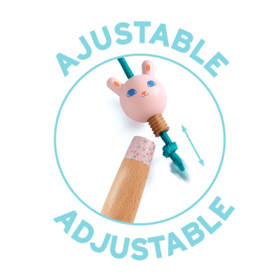 Elemento ajustável com cabeça de coelho rosa numa corda azul e cabo de madeira com ponta pintada