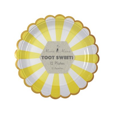 Pratos descartáveis de papel amarelo e branco com borda dourada