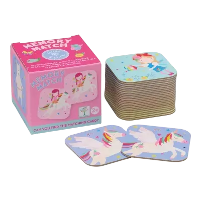 Jogo de memória MEMORY MATCH com cartas de unicórnios e raparigas coloridas.