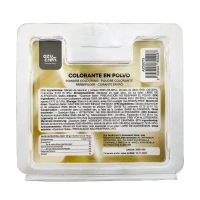 embalagem de plástico com cartão dourado e texto de colorante em pó da marca azucren