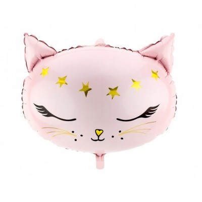 Balão metálico cor-de-rosa em forma de rosto de gato com estrelas douradas