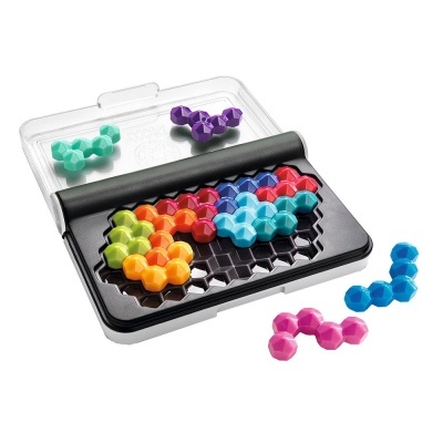 Jogo de puzzle com peças coloridas e tabuleiro preto com tampa transparente.