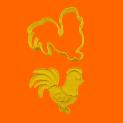 Cortadores de biscoito em forma de galinha e galo em plástico amarelo