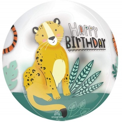 Balão redondo branco com leopardo e texto 'HAPPY BIRTHDAY'