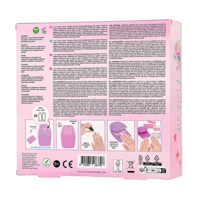 Embalagem rosa de kit verniz unhas à base de água para crianças com instruções e imagens de aplicação
