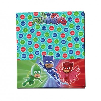 Caixa colorida PJ MASKS com padrões de círculos e três personagens na parte inferior