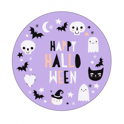 Ilustração redonda roxa com tema Halloween e texto Happy Halloween