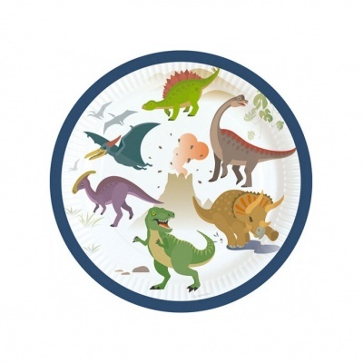 Prato descartável com ilustração de dinossauros coloridos
